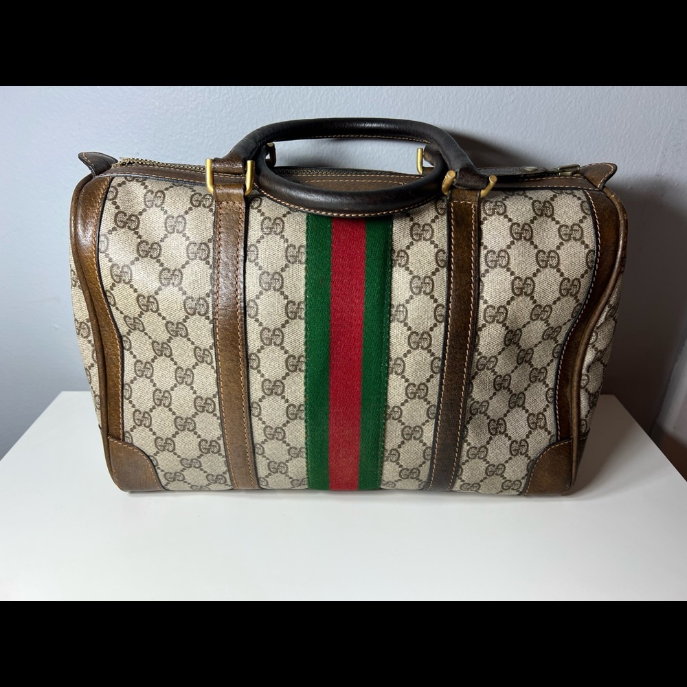 Vintage GUCCI Mini Boston Handbag Sherry Line Canvas Leather 32*21.5*17 - Picture 2 of 15